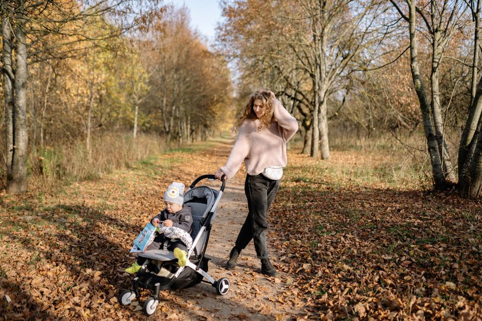 Family walking together on a park path lined with autumn trees